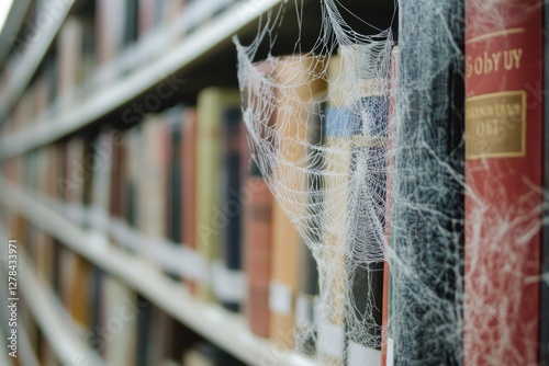 Spider web hangs from bookshelf in a quiet library setting, ideal for illustrations of eerie atmosphere or mysterious scenes photo