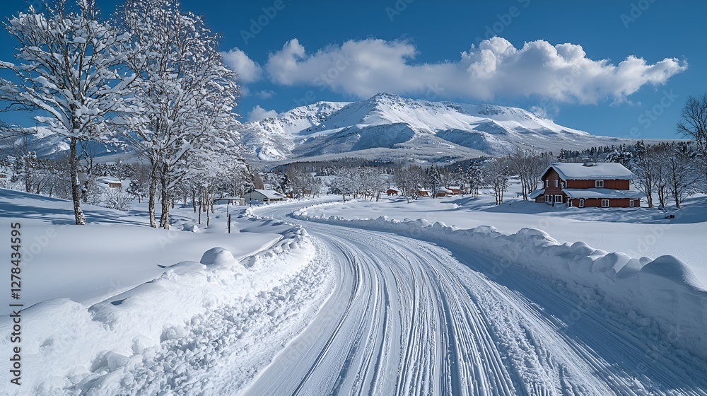 Snowy winter road winding through a village with mountains in the background. Possible use Stock photo for winter travel, nature, vacation, or landscape Snowy winter road winding through a village with mountains in the background. Possible use Stock photo for winter travel, nature, vacation, or landscape