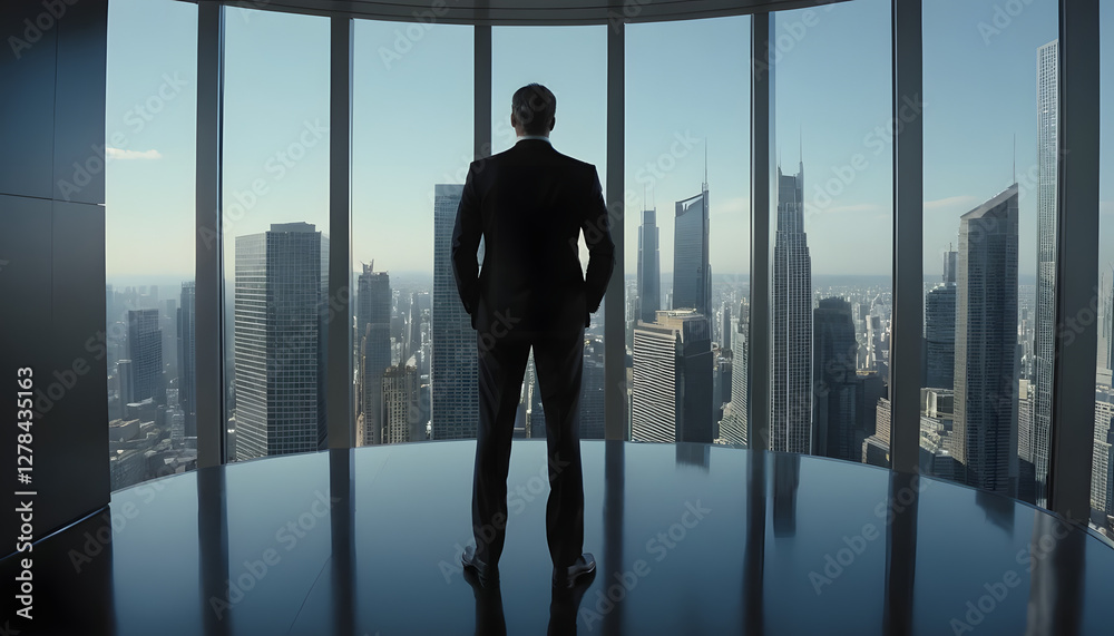 Fototapeta premium A businessman in an executive office gazes at the city skyline, symbolizing ambition, leadership, and success.