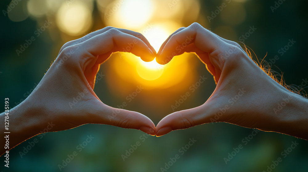Two hands gently create a heart shape, framing the warm glow of a sunset. This peaceful moment captures love and connection in a beautiful natural environment Two hands gently create a heart shape, framing the warm glow of a sunset. This peaceful moment captures love and connection in a beautiful natural environment