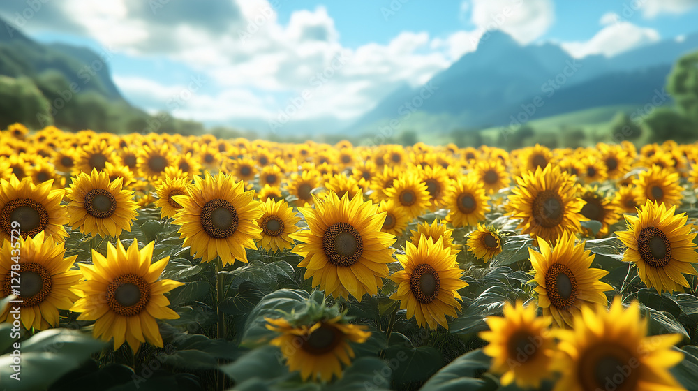 Fototapeta premium Bright yellow sunflowers stretch towards the sun in a vibrant field, basking in warmth