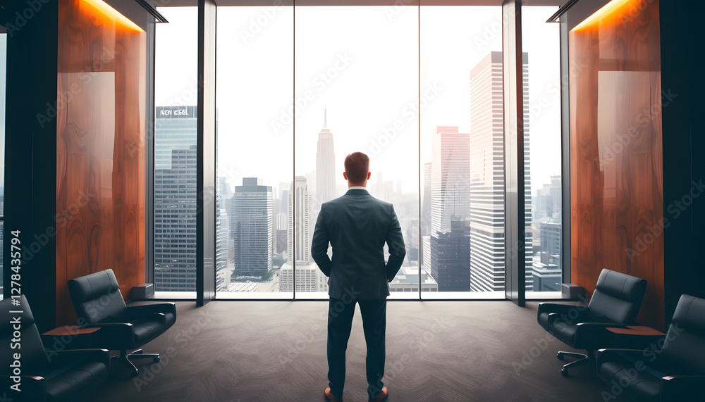 Fototapeta premium A businessman in an executive office gazes at the city skyline, symbolizing ambition, leadership, and success.