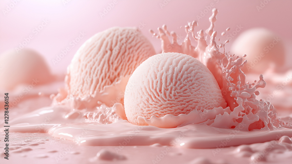Spheres of pink ice cream gently melt on a smooth pastel surface, sending splashes of creamy goodness in a playful dance of summer indulgence and sweetness
