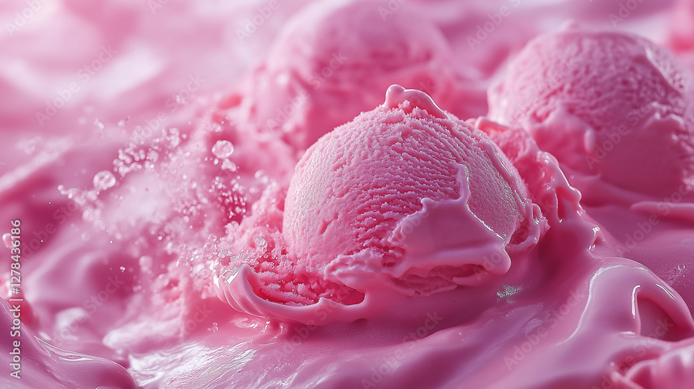 Scoops of creamy pink ice cream sit nestled in a smooth pool of melted goodness. The warm sunlight highlights the desserts, evoking a playful summer vibe, perfect for beach indulgence Scoops of creamy pink ice cream sit nestled in a smooth pool of melted goodness. The warm sunlight highlights the desserts, evoking a playful summer vibe, perfect for beach indulgence