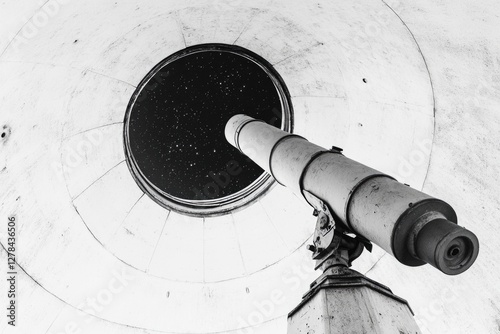 A close-up shot of a old-fashioned telescope in black and white