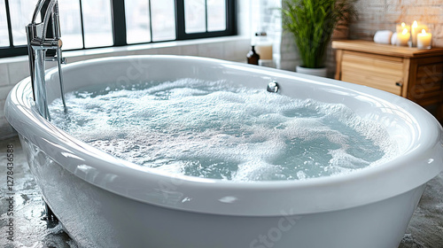 Relaxing Bath With Bubbles in a Modern Bathroom Featuring Natural Light and Serene Decor During Late Afternoon Hours