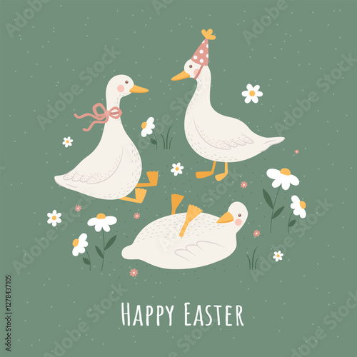 Illustrations of Happy Easter with geese, daisies, and flowers on a green background