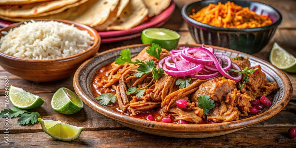 Fototapeta premium Traditional Mexican dish, cochinita pibil, slow-roasted pork marinated in citrus juice and spices, served with rice, beans
