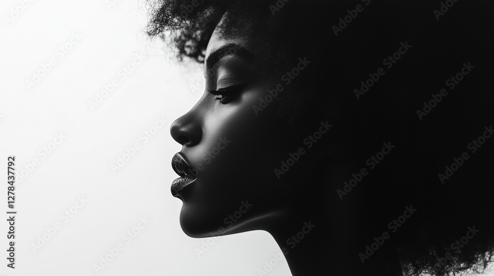 Fototapeta premium Beauty aesthetic portrait of silhouette black young woman, beautiful female African model on white