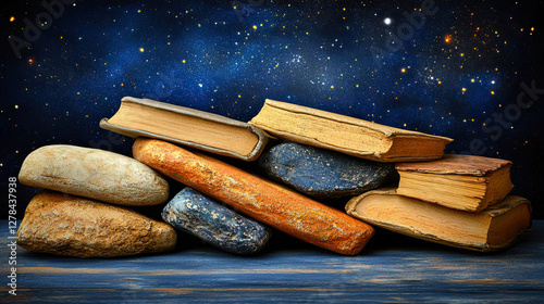 A Vibrant Stack of Aged Books and Stones Positioned Against a Starry Night Sky Background, Creating an Imaginative and Contemplative Atmosphere photo