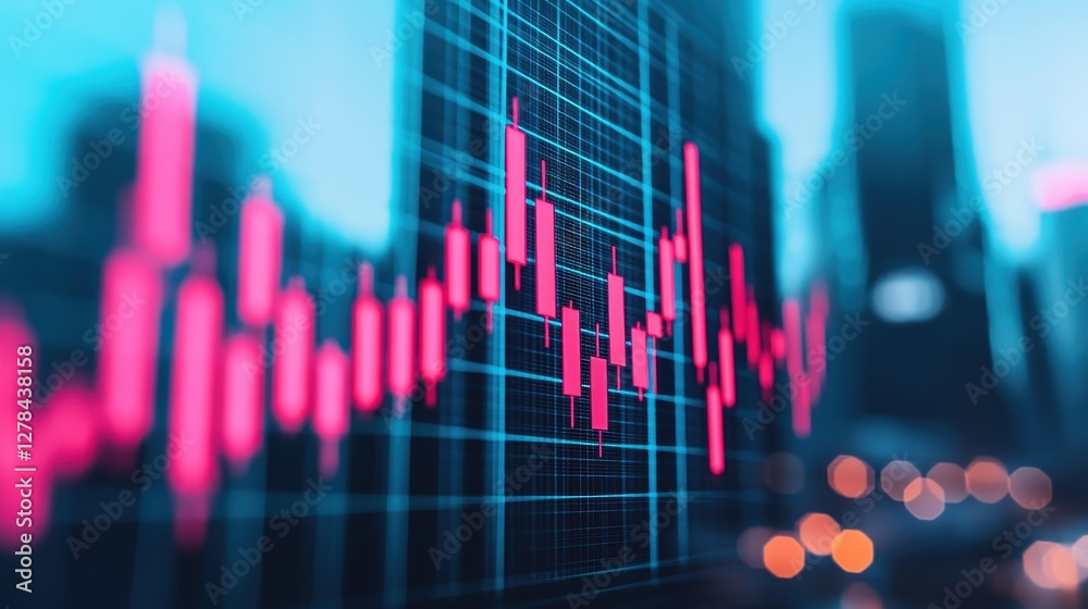 A vibrant chart displays fluctuating data trends against a blurred cityscape backdrop, suggesting financial analysis or market activities. A vibrant chart displays fluctuating data trends against a blurred cityscape backdrop, suggesting financial analysis or market activities.