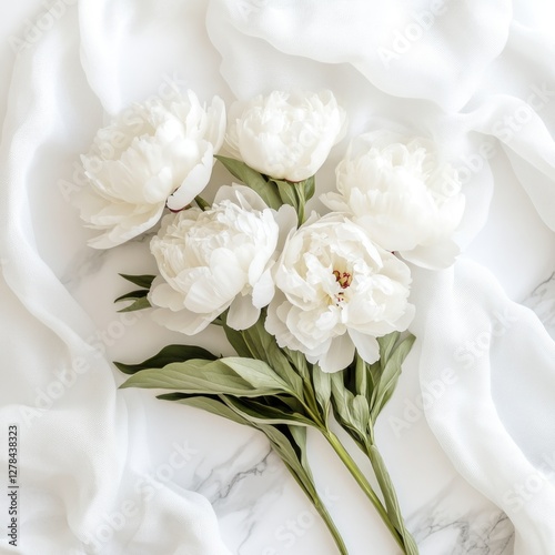 A bouquet of white flowers sits atop a clean white sheet, perfect for still life or decorative uses photo