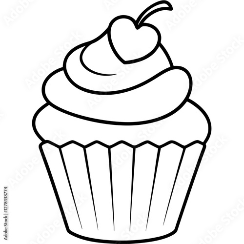 Romantic Cupcake with Heart Decoration Outline