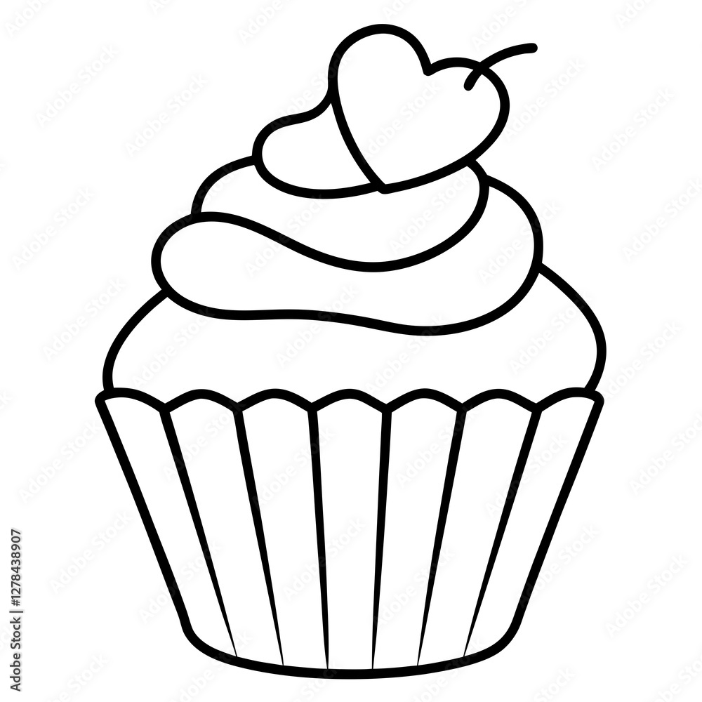 Romantic Cupcake with Heart Decoration Outline Romantic Cupcake with Heart Decoration Outline