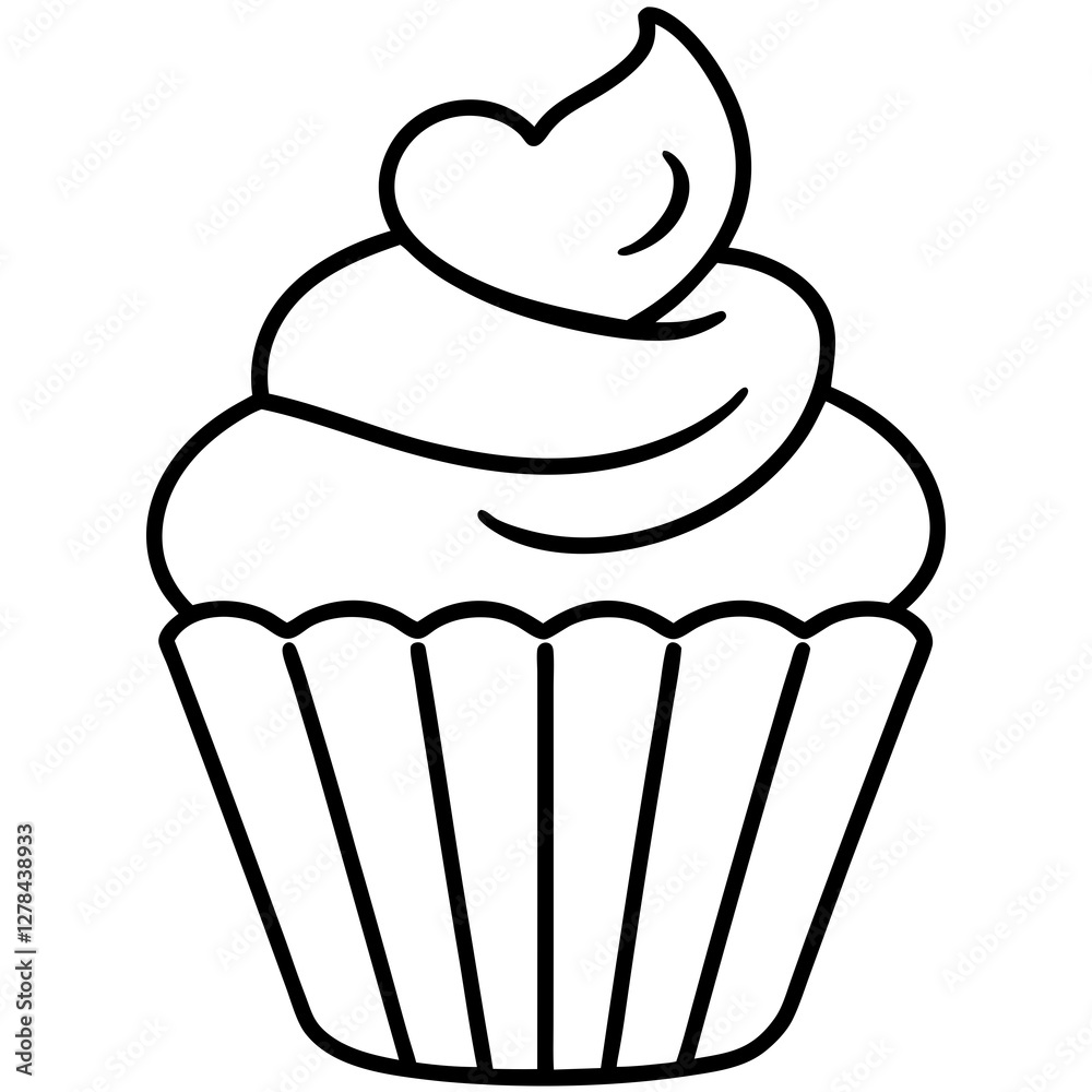 Romantic Cupcake with Heart Decoration Outline Romantic Cupcake with Heart Decoration Outline