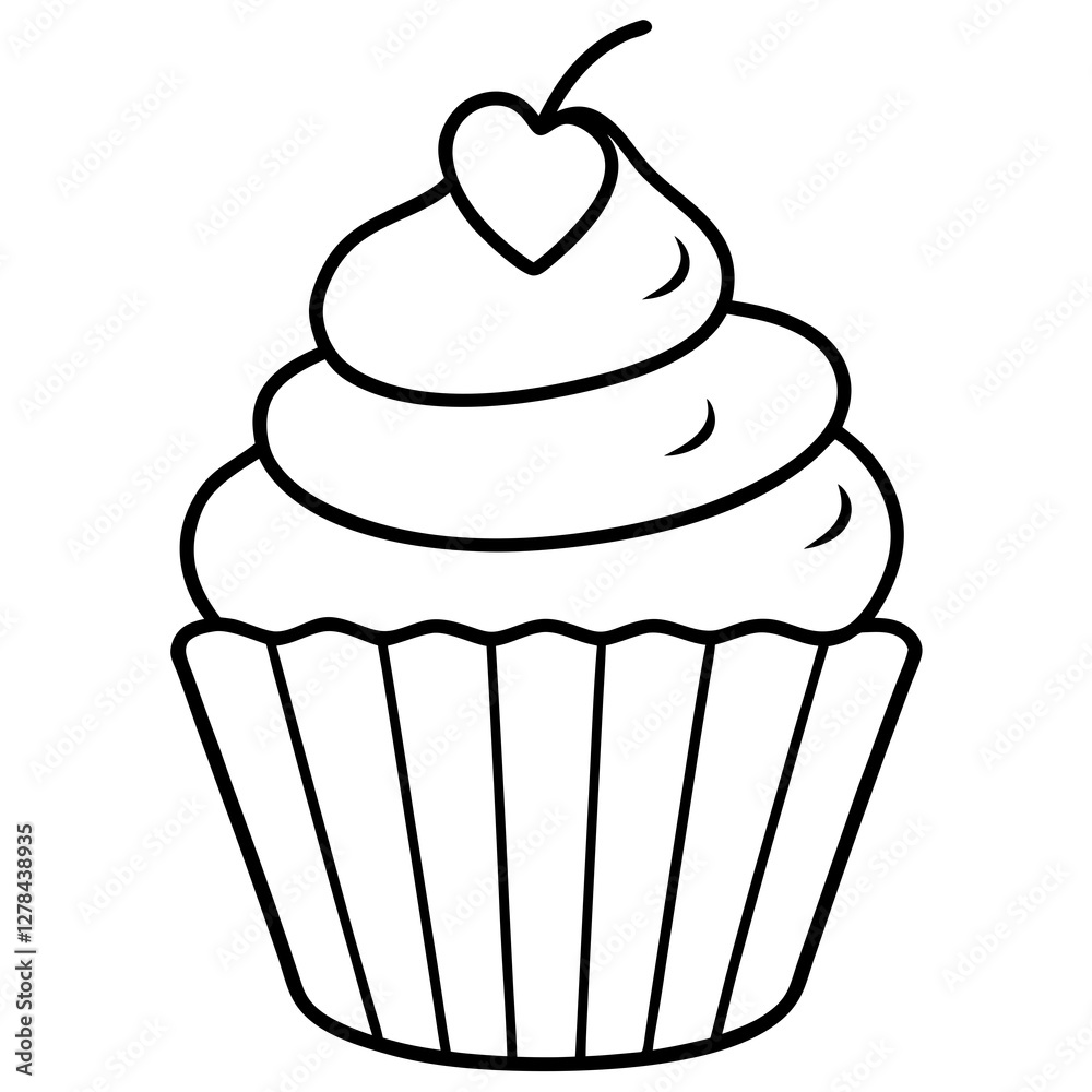 Romantic Cupcake with Heart Decoration Outline Romantic Cupcake with Heart Decoration Outline
