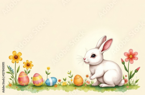White rabbit and a few colorful eggs and summer flowers on pastel beige background, watercolor painting, free space for text.