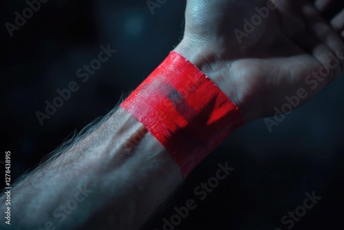 A person wearing a bright red band on their wrist, likely indicating support for a cause or charity photo