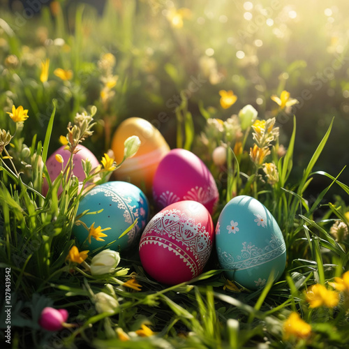 Delicate Easter eggs with vibrant colors and intricate designs rest among a field of flowering grass. The warm sunlight enhances the cheerful atmosphere of spring