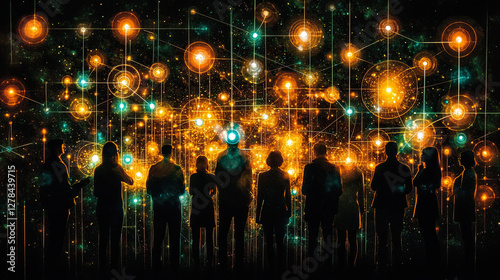 A Group Stands Together Silhouetted Against a Vibrant Cosmic Background, Evoking Unity and Exploration Among Glowing Stars