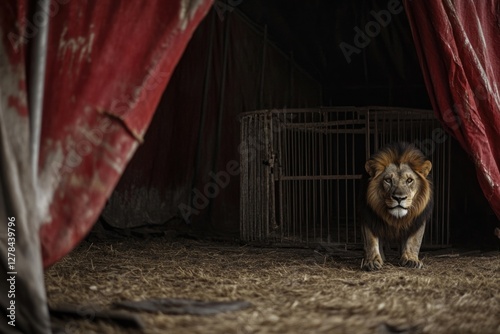 A lion stands in front of a cage, emphasizing its majesty and power photo