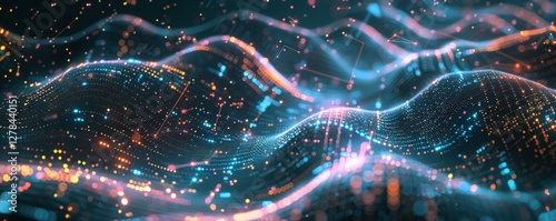 Abstract digital waves flow, vibrant lights, dark background, tech concept
