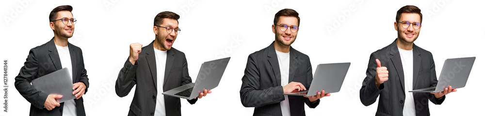 Excited professional showcasing various emotions while using a laptop in a studio setting Excited professional showcasing various emotions while using a laptop in a studio setting