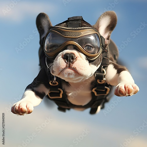 Adorable puppy in aviator goggles flying