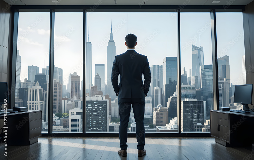 Fototapeta premium A businessman in an executive office gazes at the city skyline, symbolizing ambition, leadership, and success.