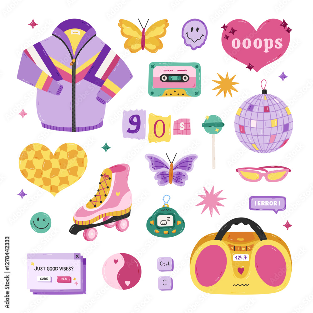 Cute cartoon hand drawn Y2k set with symbols from 90s, 00s. Retro aesthetic clipart of sport jacket, radio, electronic toy, butterfly, disco ball, cassette, roller skate. Nostalgia for 1990s vibe. Cute cartoon hand drawn Y2k set with symbols from 90s, 00s. Retro aesthetic clipart of sport jacket, radio, electronic toy, butterfly, disco ball, cassette, roller skate. Nostalgia for 1990s vibe.