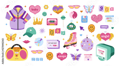 Big cartoon Y2k set with fashion, sport, electronic, girly symbols from 90s, 00s. Retro aesthetic clipart of jacket, radio, butterfly, heart, old PC, cassette, roller skate. Nostalgia for 1990s vibe.