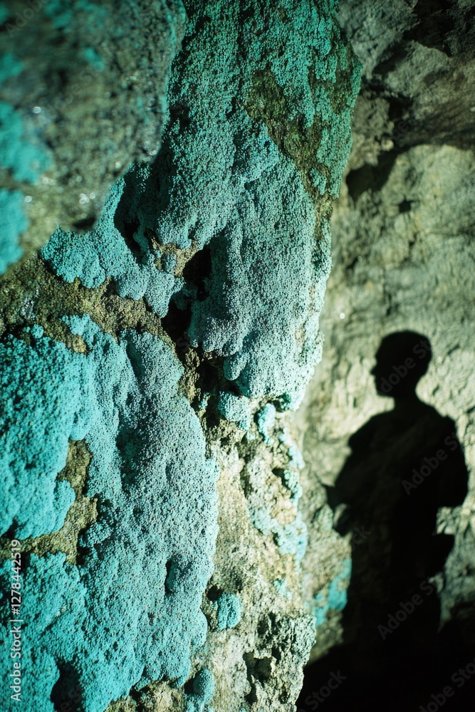 A person stands at the base of a rocky cliff, with rugged terrain in the background A person stands at the base of a rocky cliff, with rugged terrain in the background