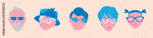 Five family members wearing glasses: grandma, grandpa, mom, dad and daughter