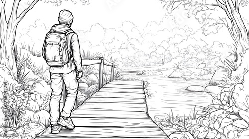 Solo Backpacker Crossing a Charming Wooden Bridge Over a Sparkling Stream Surrounded by Lush Nature's Beauty