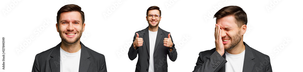 Man expressing varied emotions with thumbs up and thoughtful gestures in a bright, minimalistic setting Man expressing varied emotions with thumbs up and thoughtful gestures in a bright, minimalistic setting