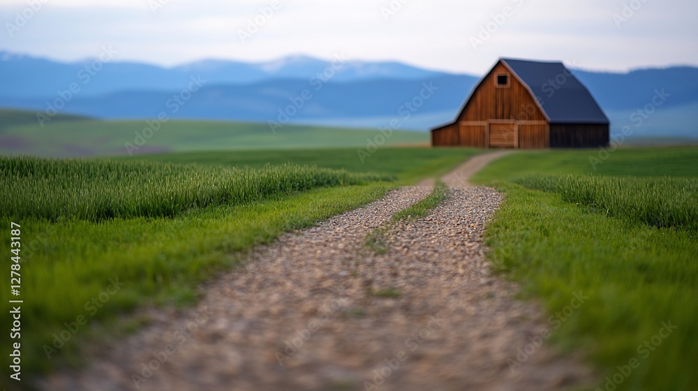 Obraz premium Serene countryside path leading to a rustic barn under pastel skies