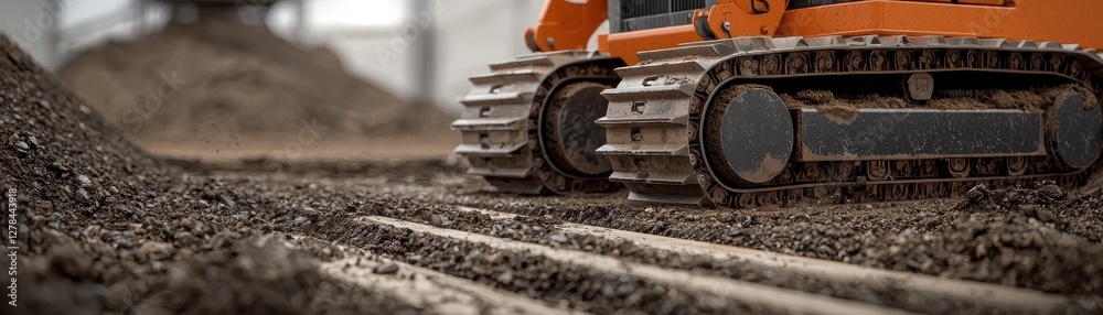 Close-up View of Construction Excavator Tracks on Uneven Ground Amidst Construction Site Environment Close-up View of Construction Excavator Tracks on Uneven Ground Amidst Construction Site Environment