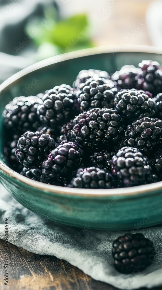 Close up of Fresh Blackberries in a Teal Bowl. A healthy and delicious treat. Perfect for breakfast, dessert or snack. Enjoy the juicy goodness of blackberries. Close up of Fresh Blackberries in a Teal Bowl. A healthy and delicious treat. Perfect for breakfast, dessert or snack. Enjoy the juicy goodness of blackberries.
