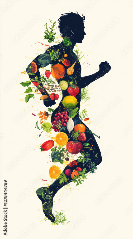 Fototapeta premium Silhouetteofarunnerfilledwithfruitsandvegetables