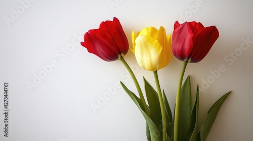 Auspicious red and yellow tulips resting on a clean white backdrop, signifying happiness and success.