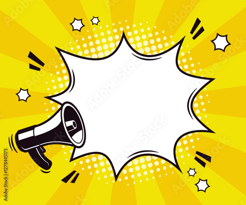 empty or blank white comic speech bubble, burst ballon or shout ballon with megaphone in trendy retro pop art style in front of ray background. Vector illustration.