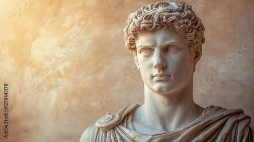 A marble statue of an ancient Roman emperor is presented