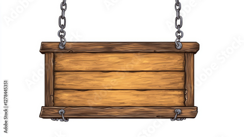 Cartoon set of wooden sign boards isolated on white background. Vector illustration of vintage brown frames hanging on iron chains. Blank template of saloon, bar or pub nameplate with wood texture