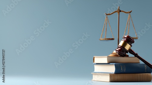 Legal symbols featuring a gavel and scales of justice on stacked books