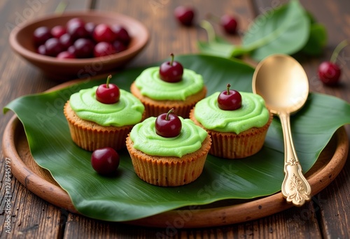 Vibrant Green Cream Cupcake Presentation on Betel Leaves in Rustic Wooden Plate, Highlighted with Elegant Golden Spoon, Juicy Cherries, Flavorful Gulkand, and Extra Betel Leaves for an Appetizing Conf photo