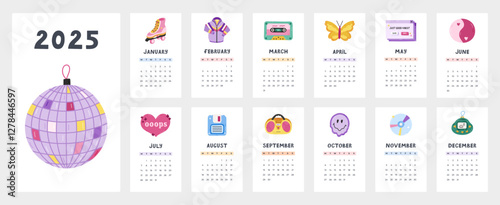 Cute calendar template for 2025 year with cartoon clipart of badges of Y2k aesthetics, 00s, 90s. Calendar grid with weeks starts on Monday. Horizontal monthly calender layout for planning
