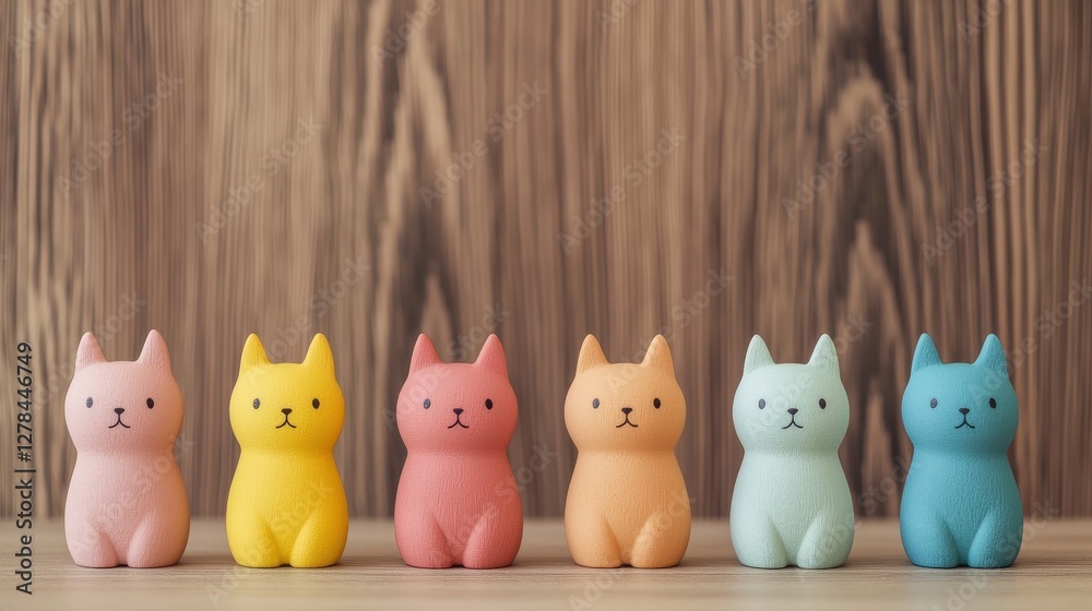 A row of colorful cat figurines in pastel shades, arranged against a wooden background, showcasing their adorable features.