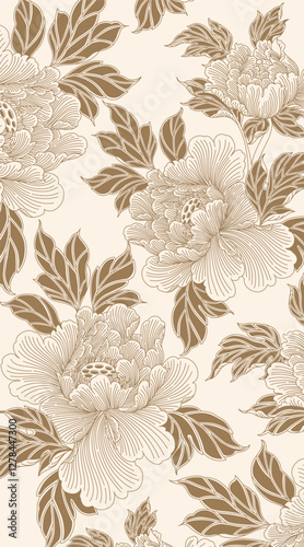 Elegant floral pattern with intricately drawn peony flowers and leaves in a golden-brown on a light beige background, creating a vintage and aesthetic, flat lines vector and illustration.