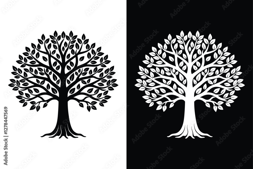 Naklejka premium Tree Silhouette Vector Icon Black And White Background.