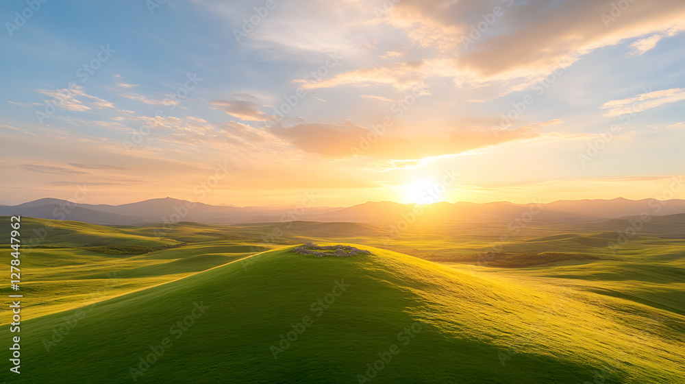 Obraz premium Scenic view of rolling green hills under a golden sunrise, creating a tranquil landscape. Perfect for travel blogs, nature photography, or relaxation themes. Selective focus